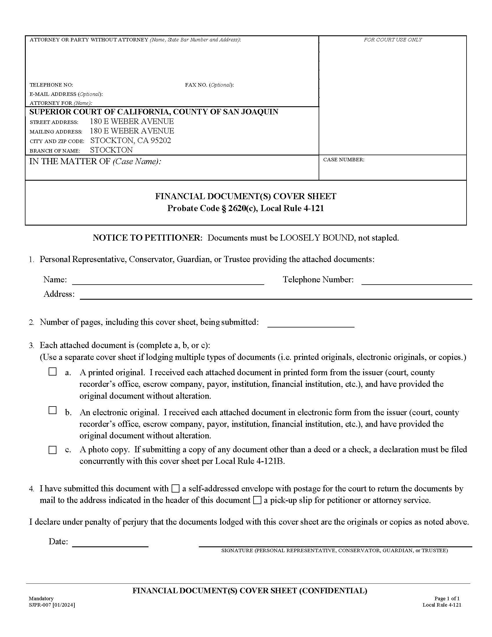 Financial Documents Cover Sheet (Confidential) {SJPR-007} | Pdf Fpdf Docx | California