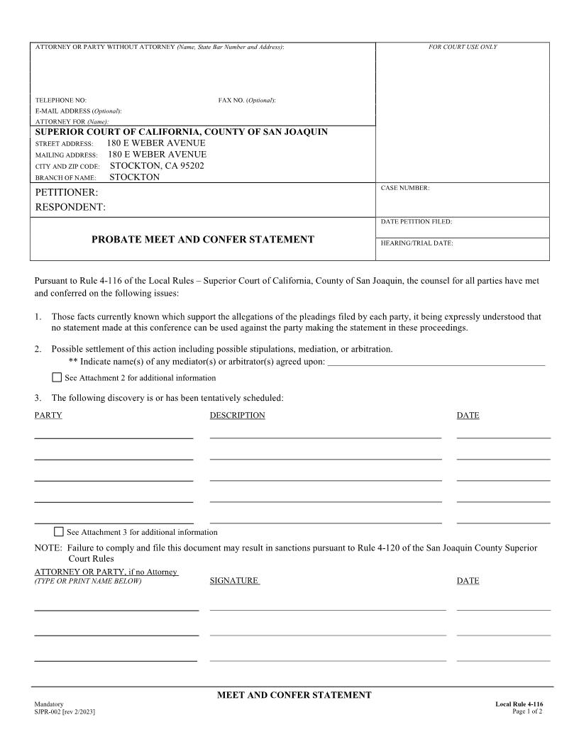 Meet And Confer Statement {SJPR-002} | Pdf Fpdf Docx | California