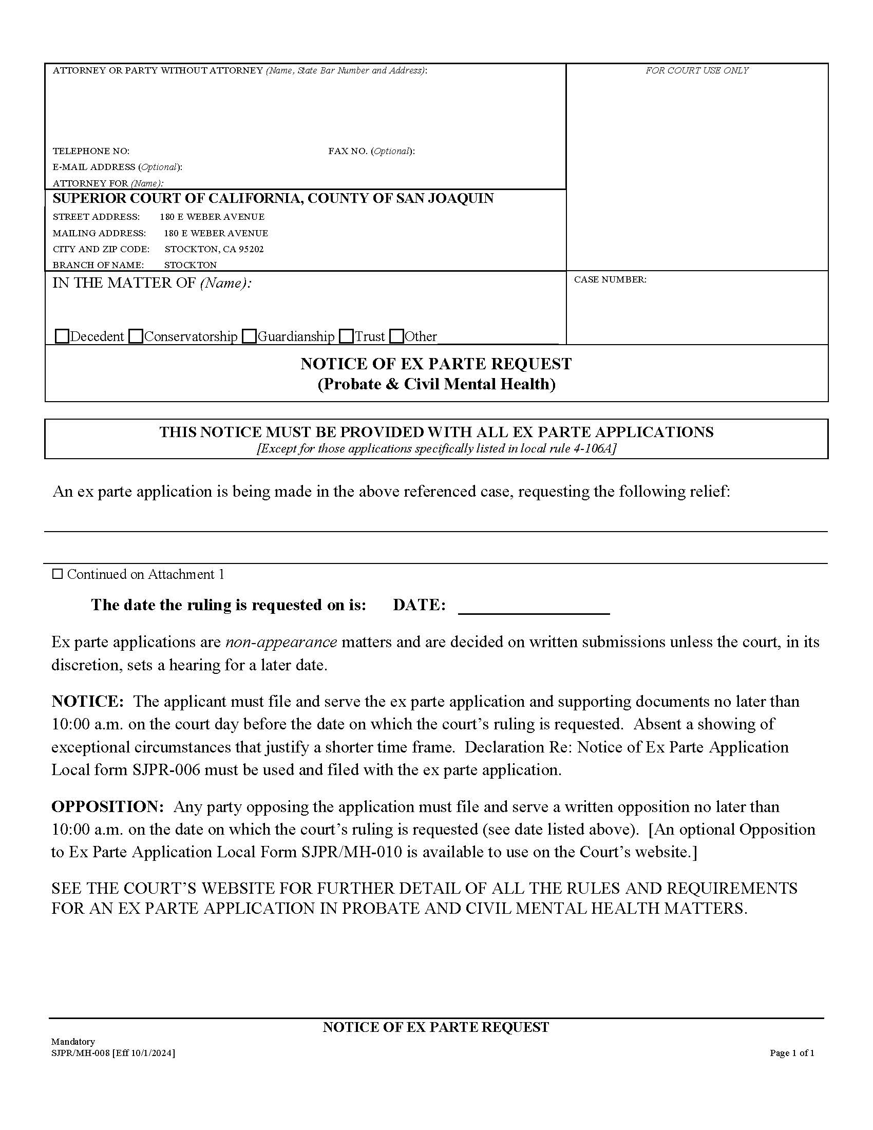 Notice Of Ex Parte Request {SJPR-008} | Pdf Fpdf Docx | California