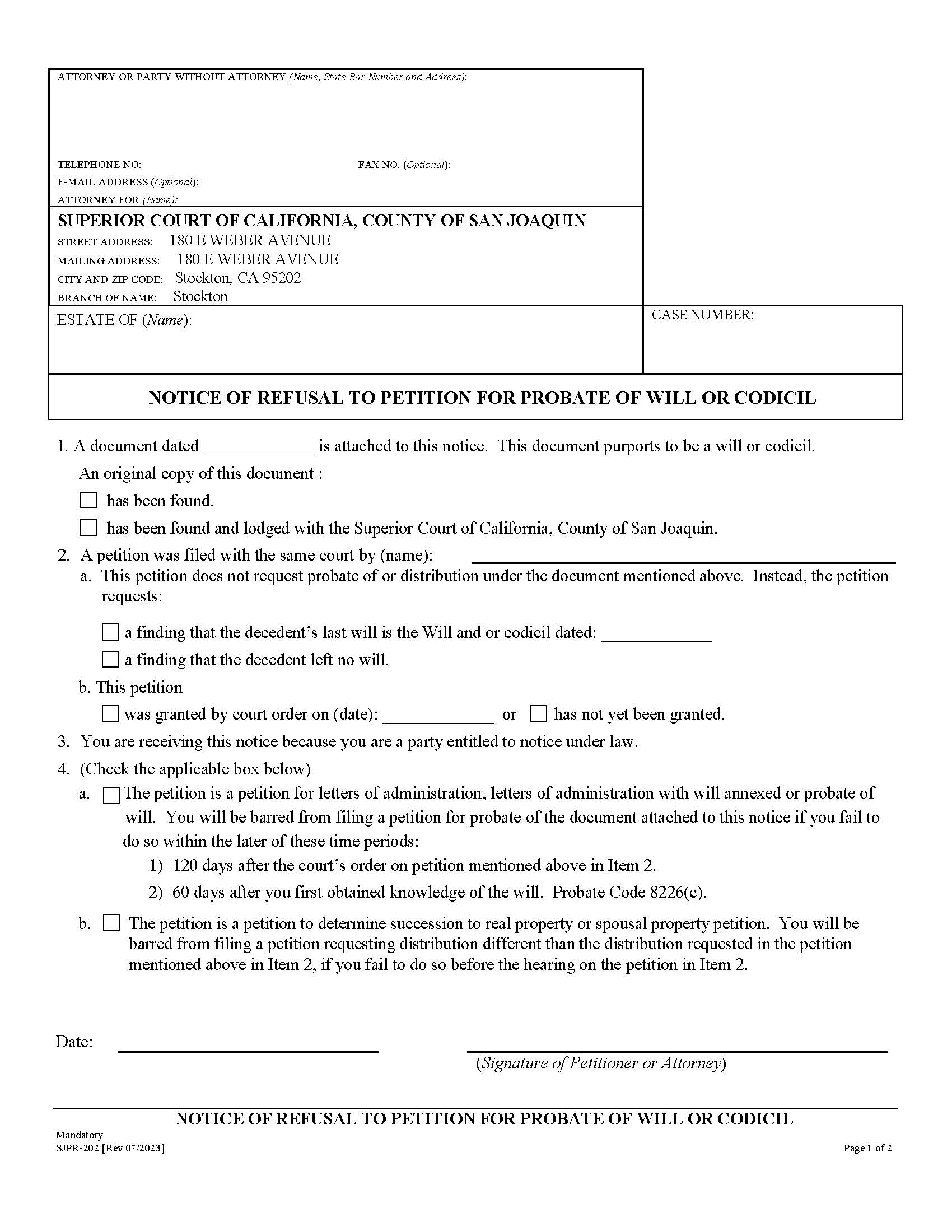 Notice Of Refusal To Petition For Probate Of Will Or Codicil {SJPR-202} | Pdf Fpdf Docx | California