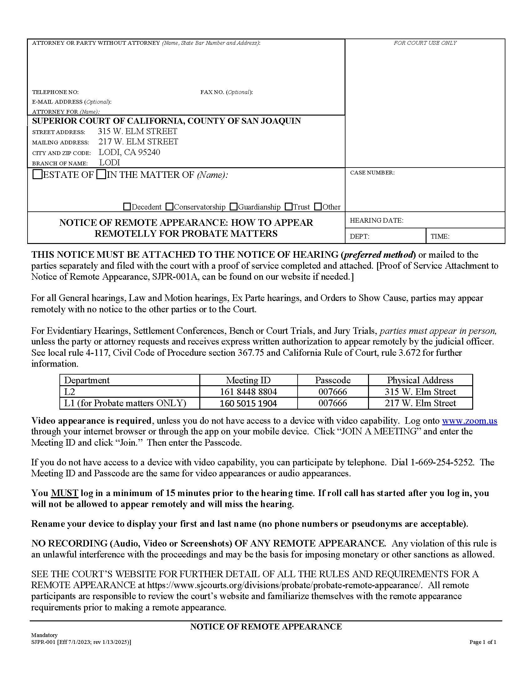 Notice Of Remote Appearance {SJPR-001} | Pdf Fpdf Docx | California