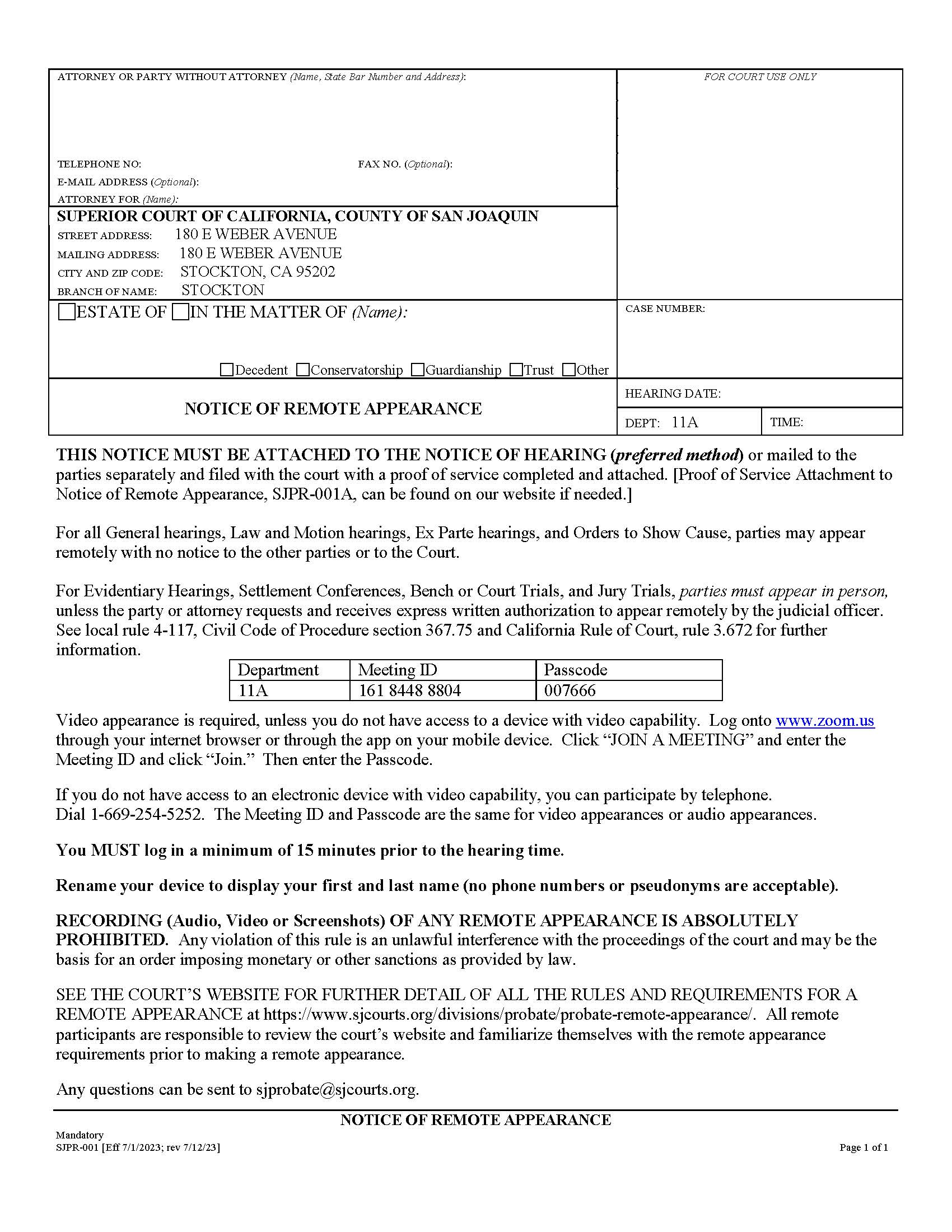 Notice Of Telephone Appearance And Requirements {SJPR-001} | Pdf Fpdf Docx | California