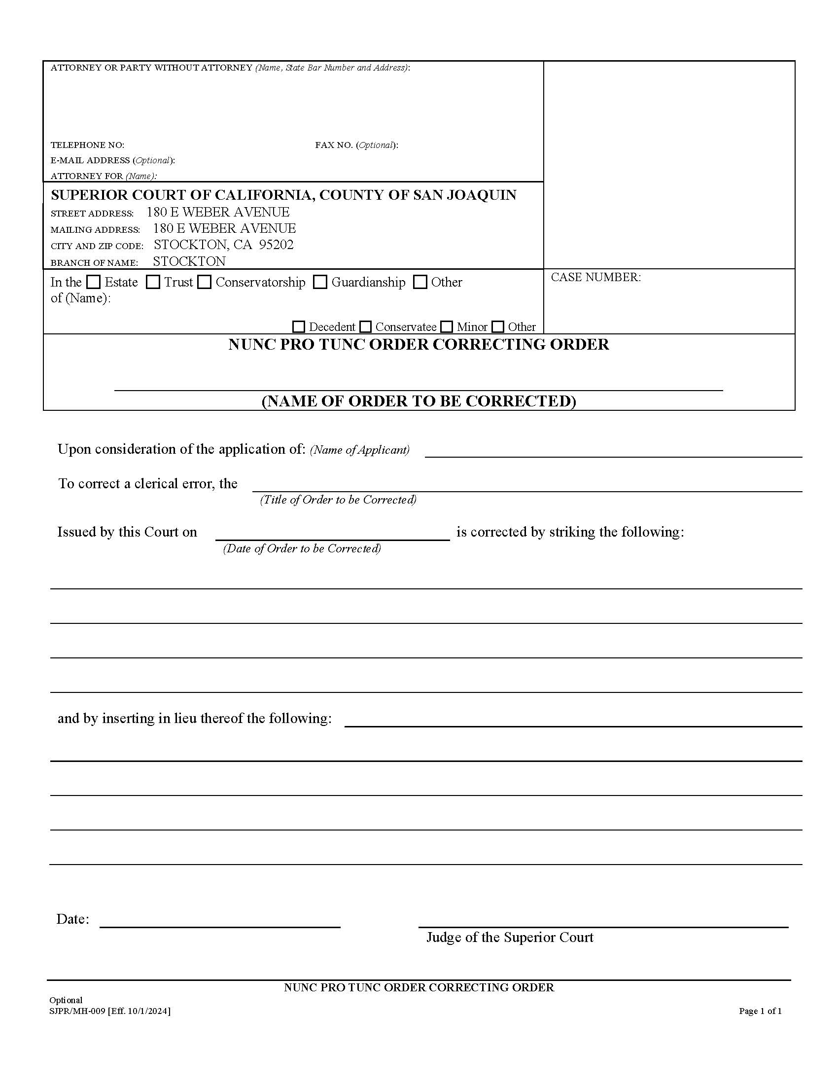 Nunc Pro Tunc Order Correcting Order {SJPR-009} | Pdf Fpdf Docx | California