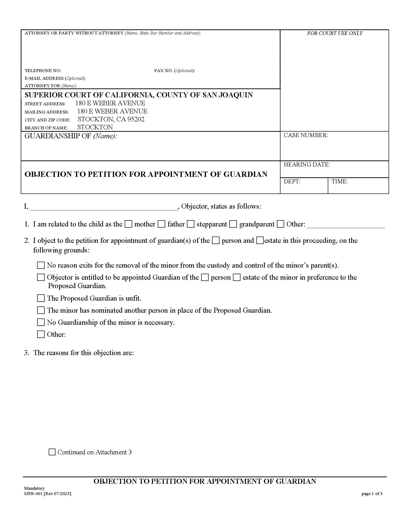 Objection To Petition For Appointment Of Guardian {SJPR-401} | Pdf Fpdf Docx | California