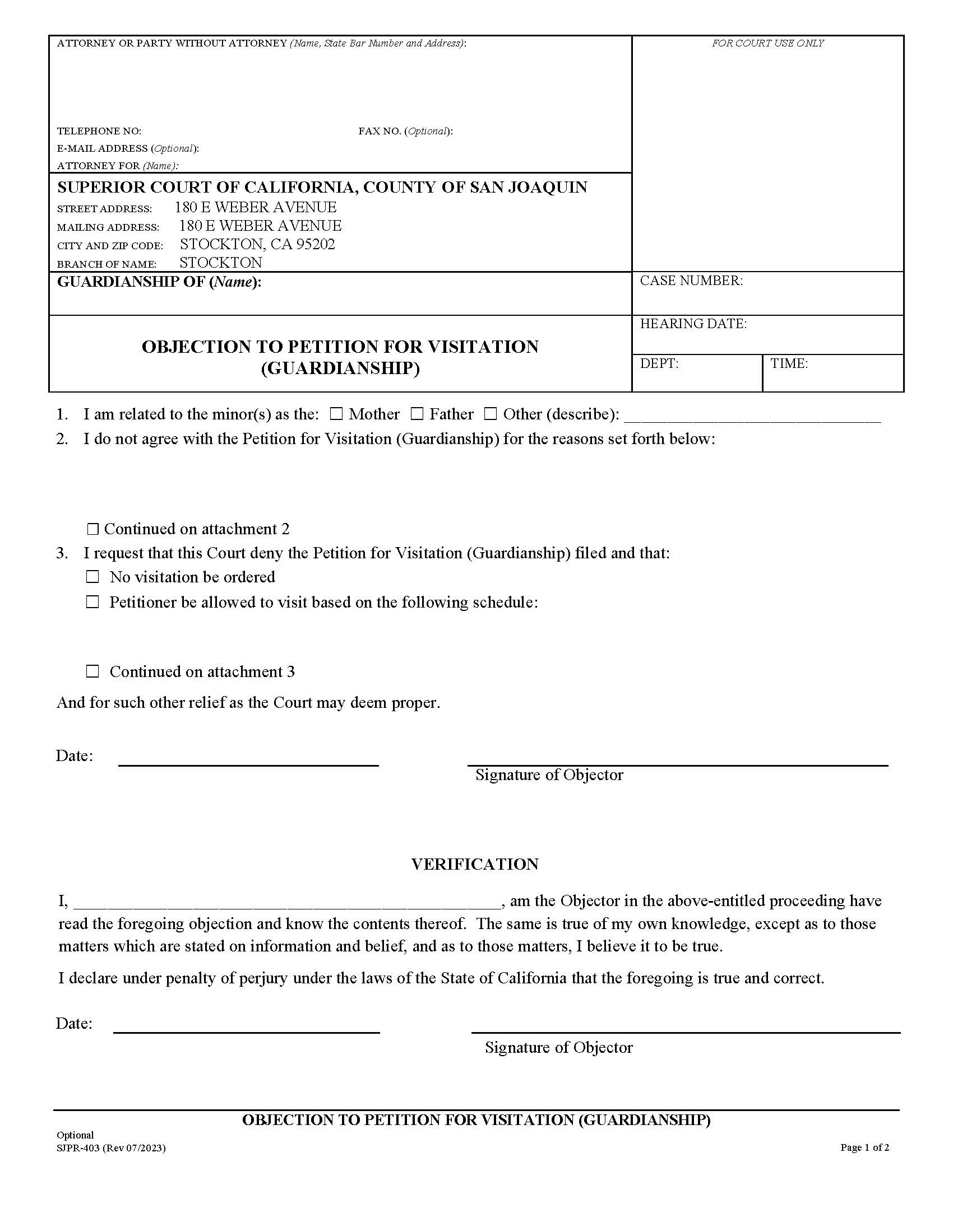 Objection To Petition For Visitation {SJPR-403} | Pdf Fpdf Docx | California