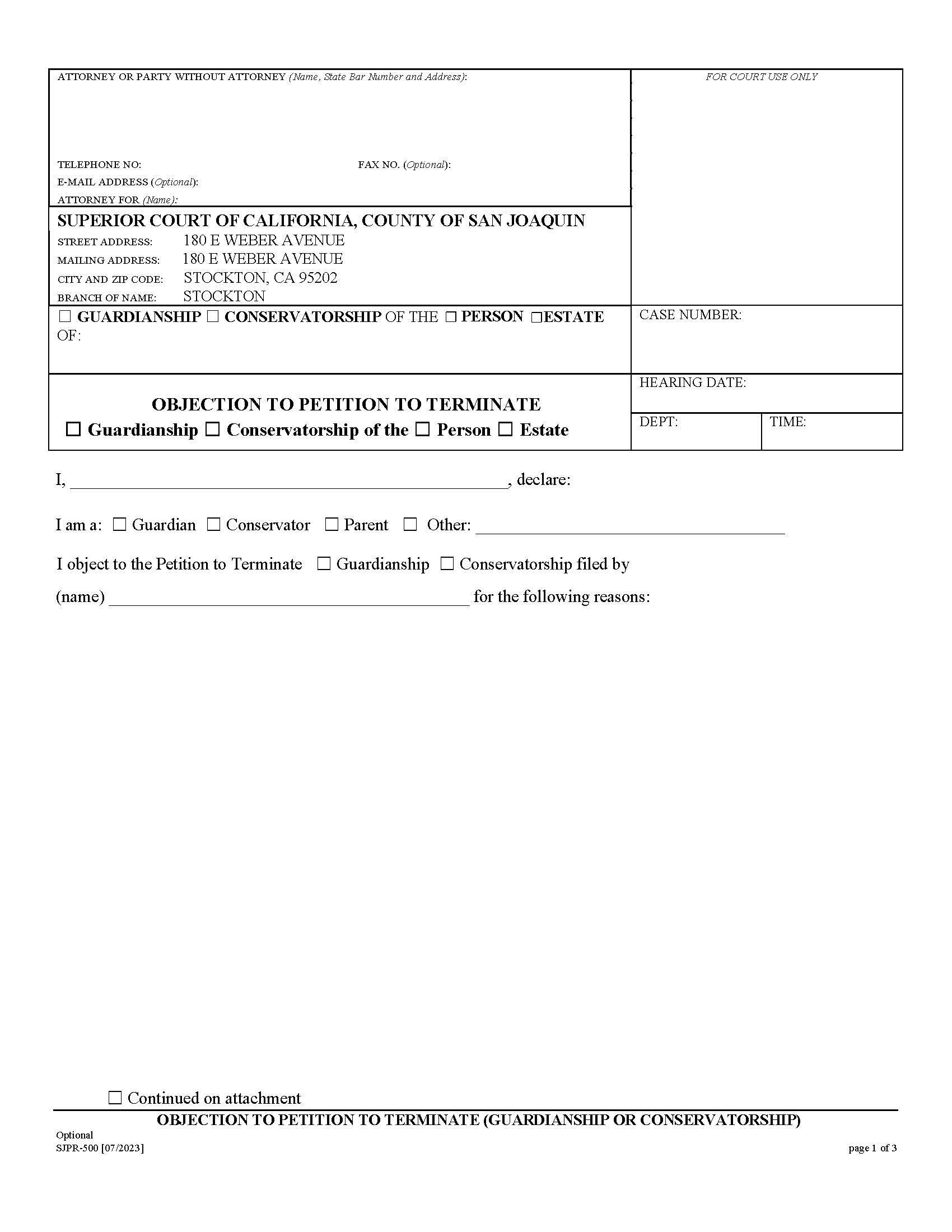 Objection To Petition To Terminate Guardianship Or Conservatorship {SJPR-500} | Pdf Fpdf Docx | California