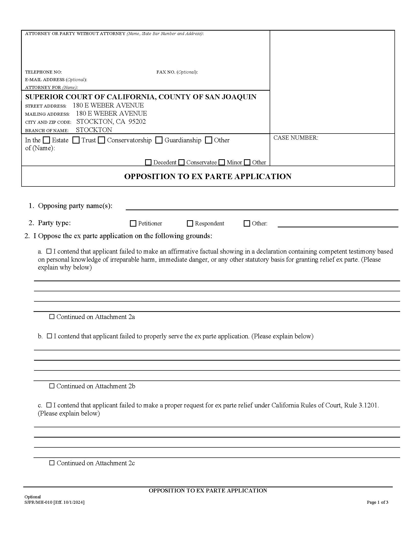 Opposition To Ex Parte Application {SJPR-0010} | Pdf Fpdf Docx | California
