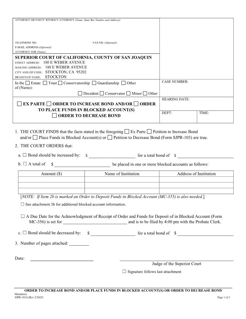 Order To Increase Bond Decrease Bond {SJPR-103A} | Pdf Fpdf Docx | California