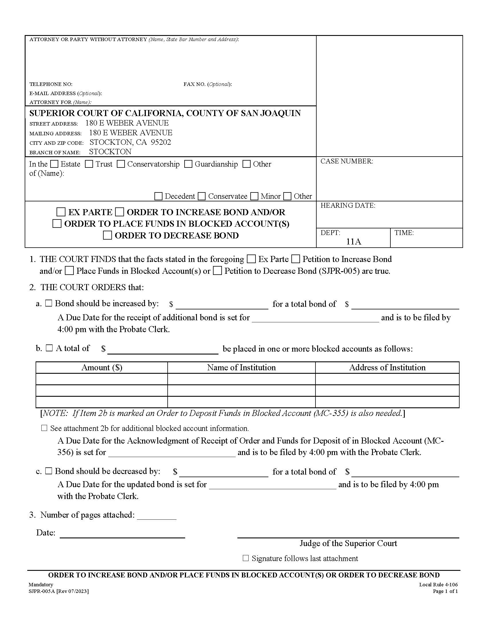 Order To Increase Or Decrease Bond {SJPR-005A} | Pdf Fpdf Docx | California