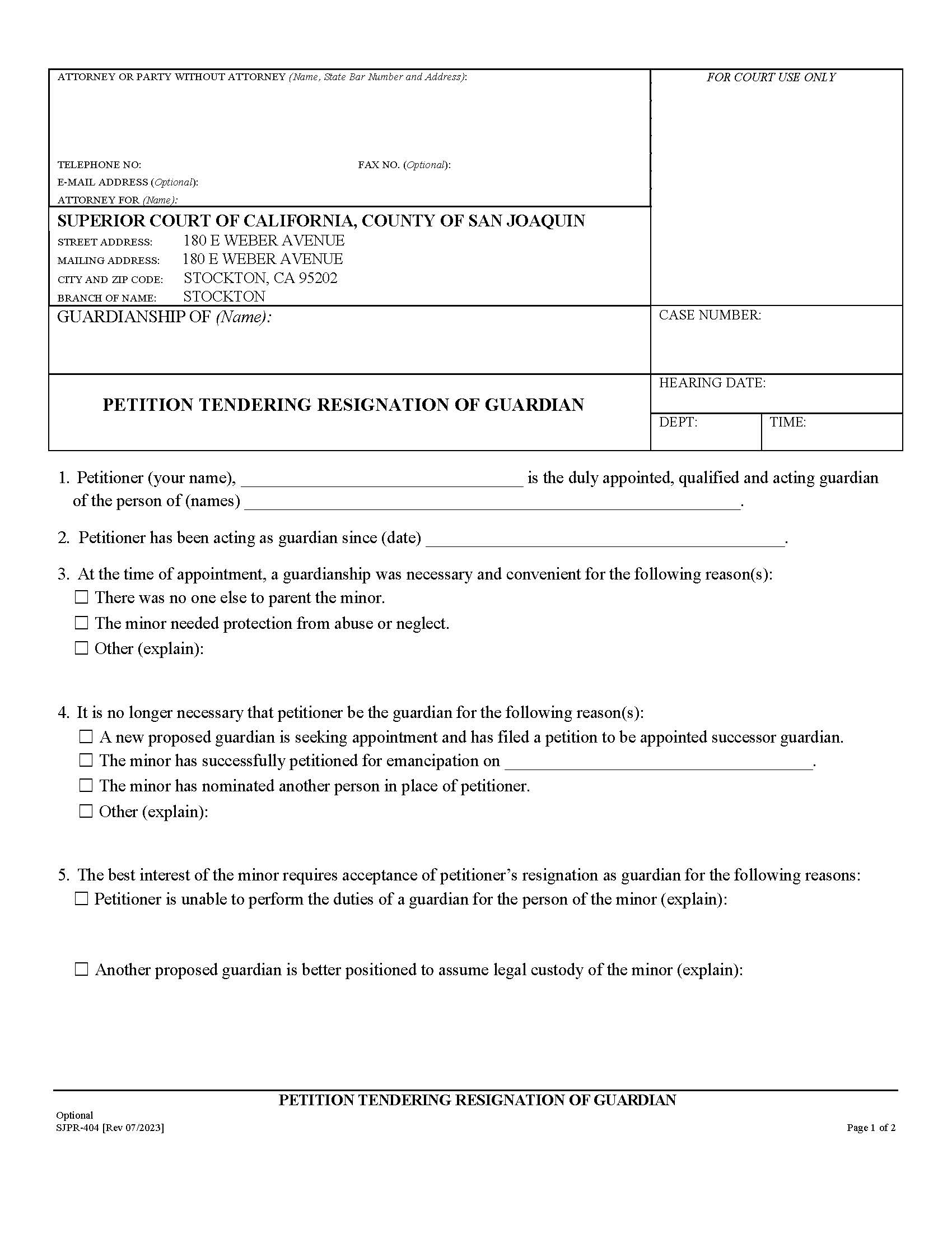 Petition Tendering Resignation Of Guardian {SJPR-404} | Pdf Fpdf Docx | California