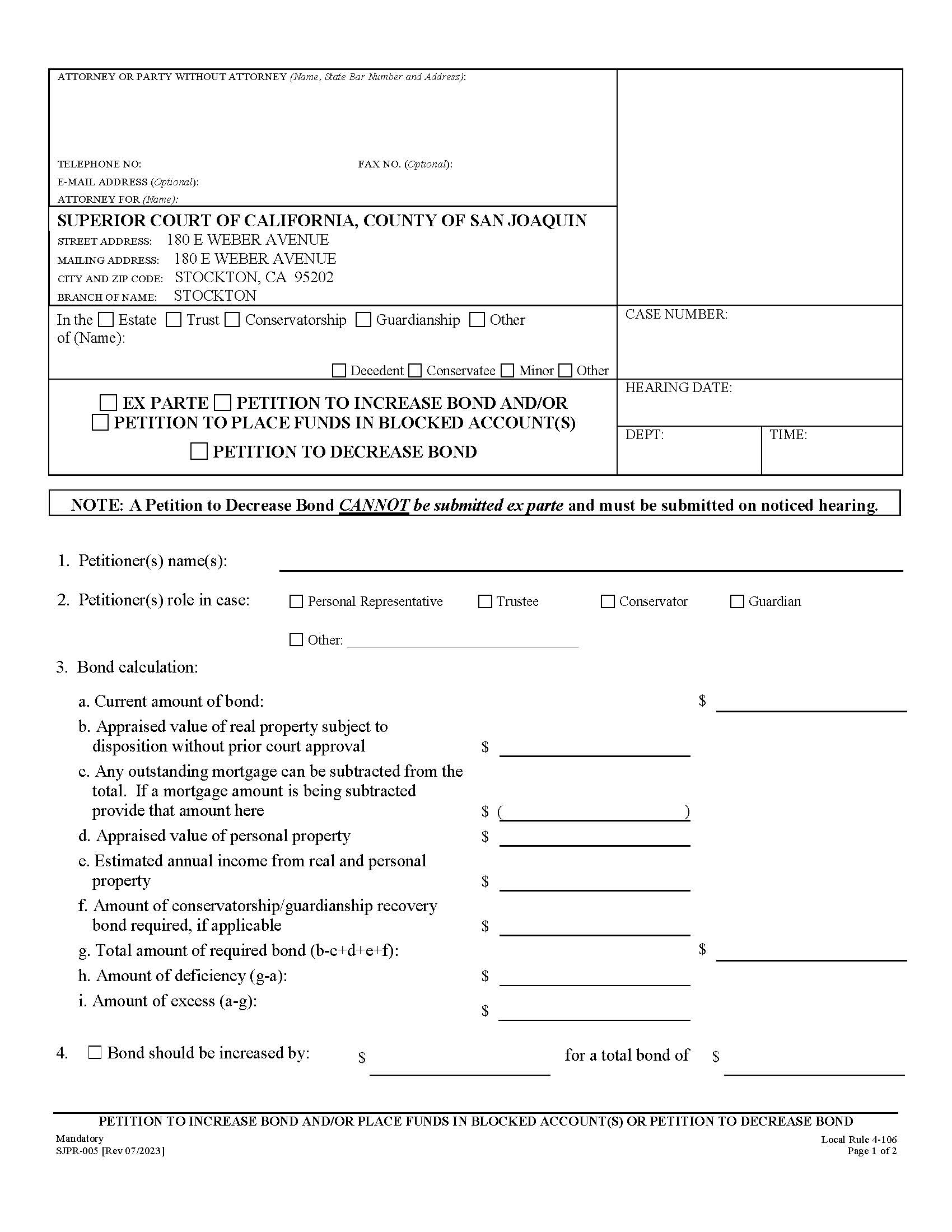 Petition To Increase Or Decrease Bond {SJPR-005} | Pdf Fpdf Docx | California