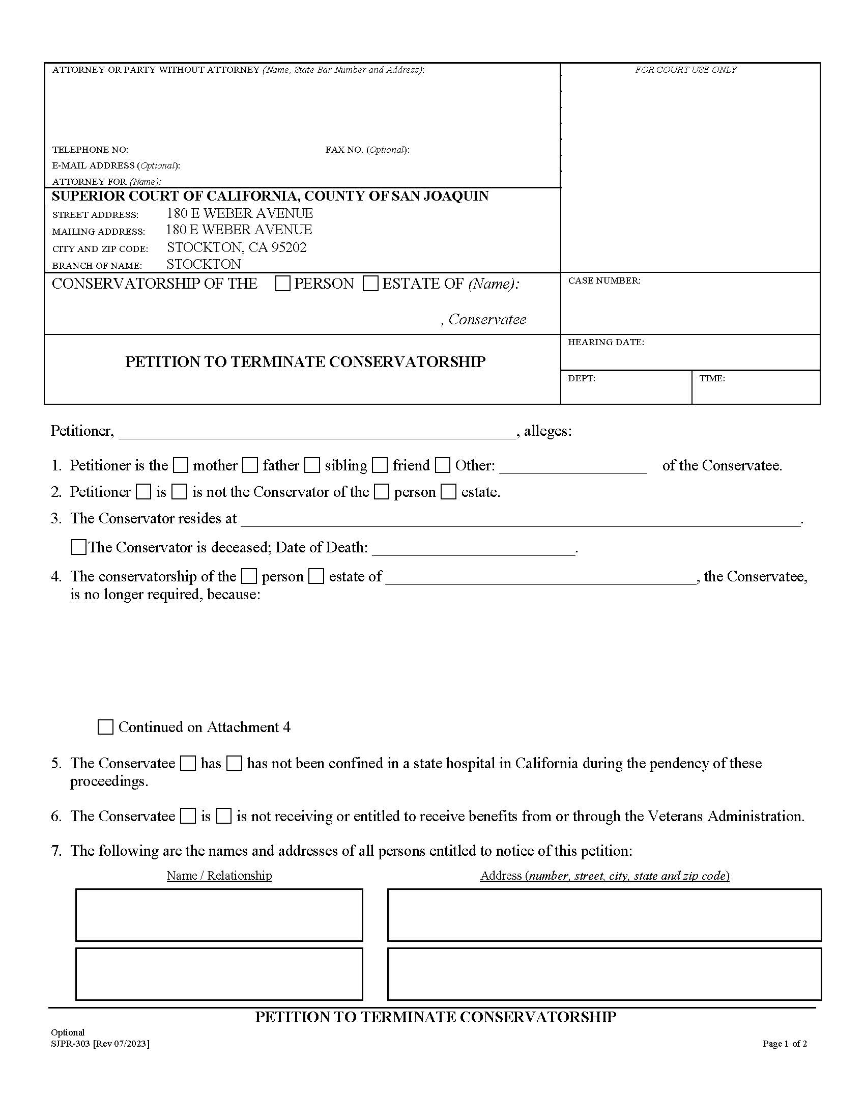 Petition To Terminate Conservatorship {SJPR-303} | Pdf Fpdf Docx | California