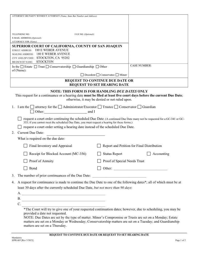 Request To Continue Or Request For Hearing {SJPR-003} | Pdf Fpdf Docx | California