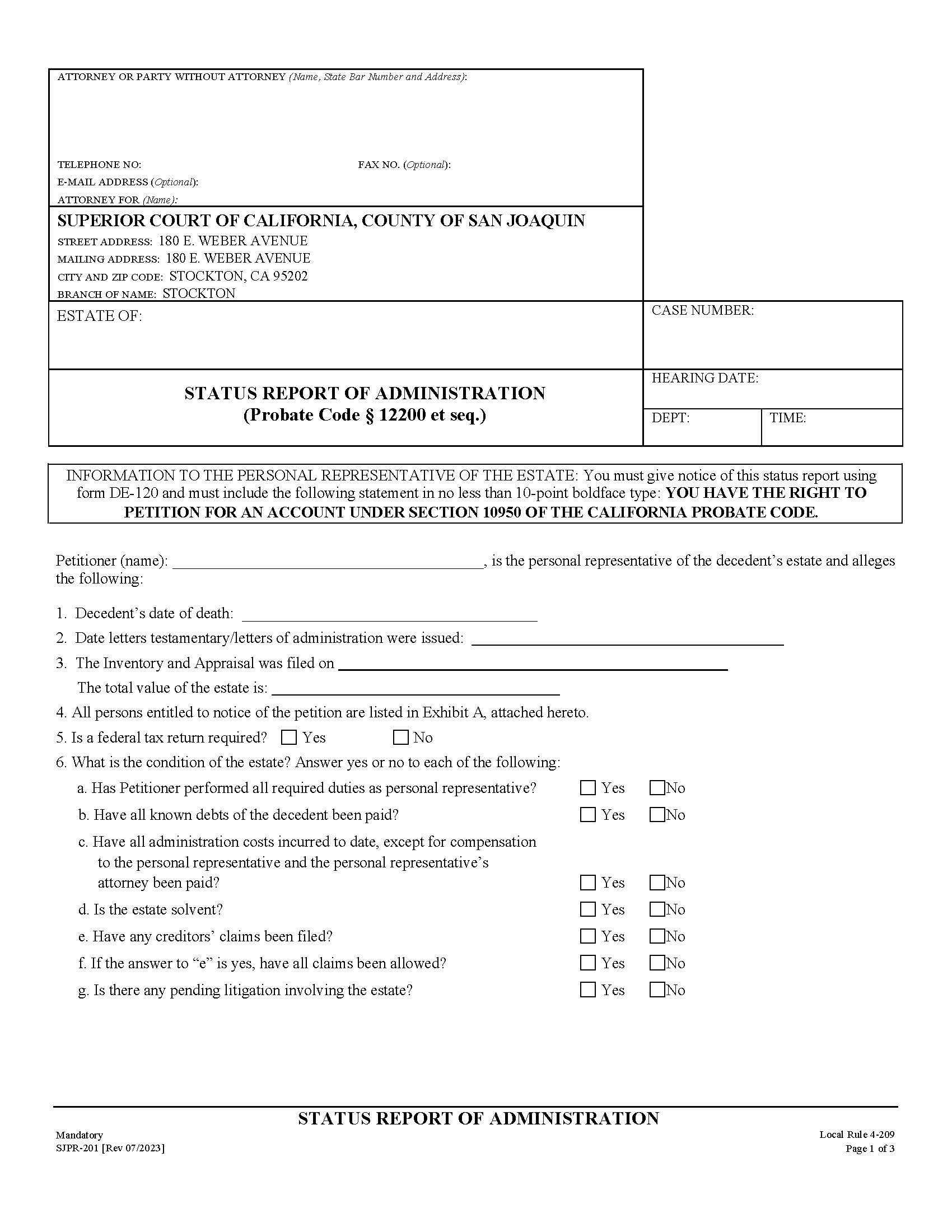 Status Report Of Administration {SJPR-201} | Pdf Fpdf Docx | California