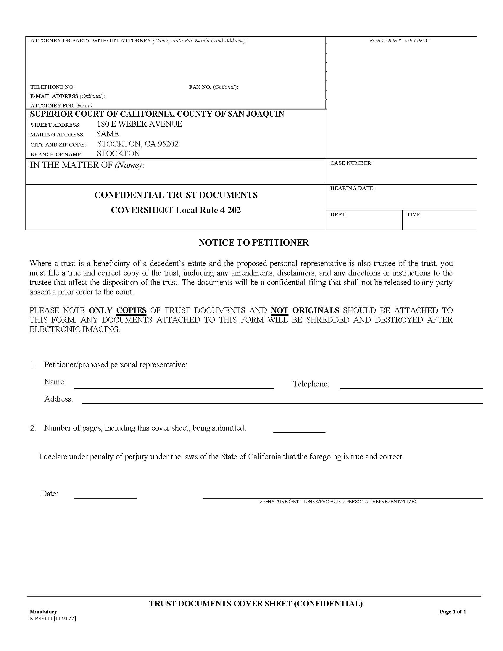 Trust Documents Cover Sheet Confidential {SJPR-100} | Pdf Fpdf Docx | California