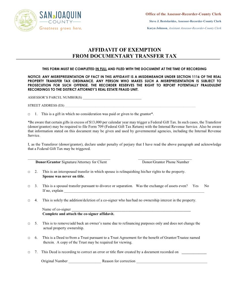 Affidavit Of Exemption From Documentary Transfer Tax | Pdf Fpdf Doc Docx | California
