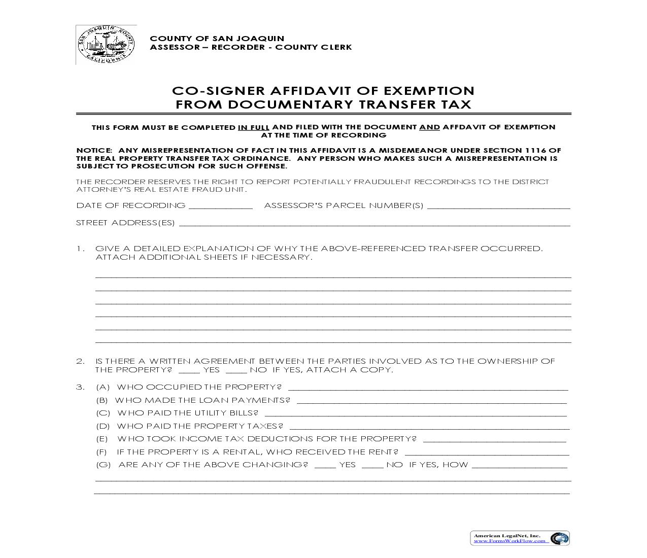Co-Signer Affidavit Of Exemption From Documentary Transfer Tax | Pdf Fpdf Doc Docx | California