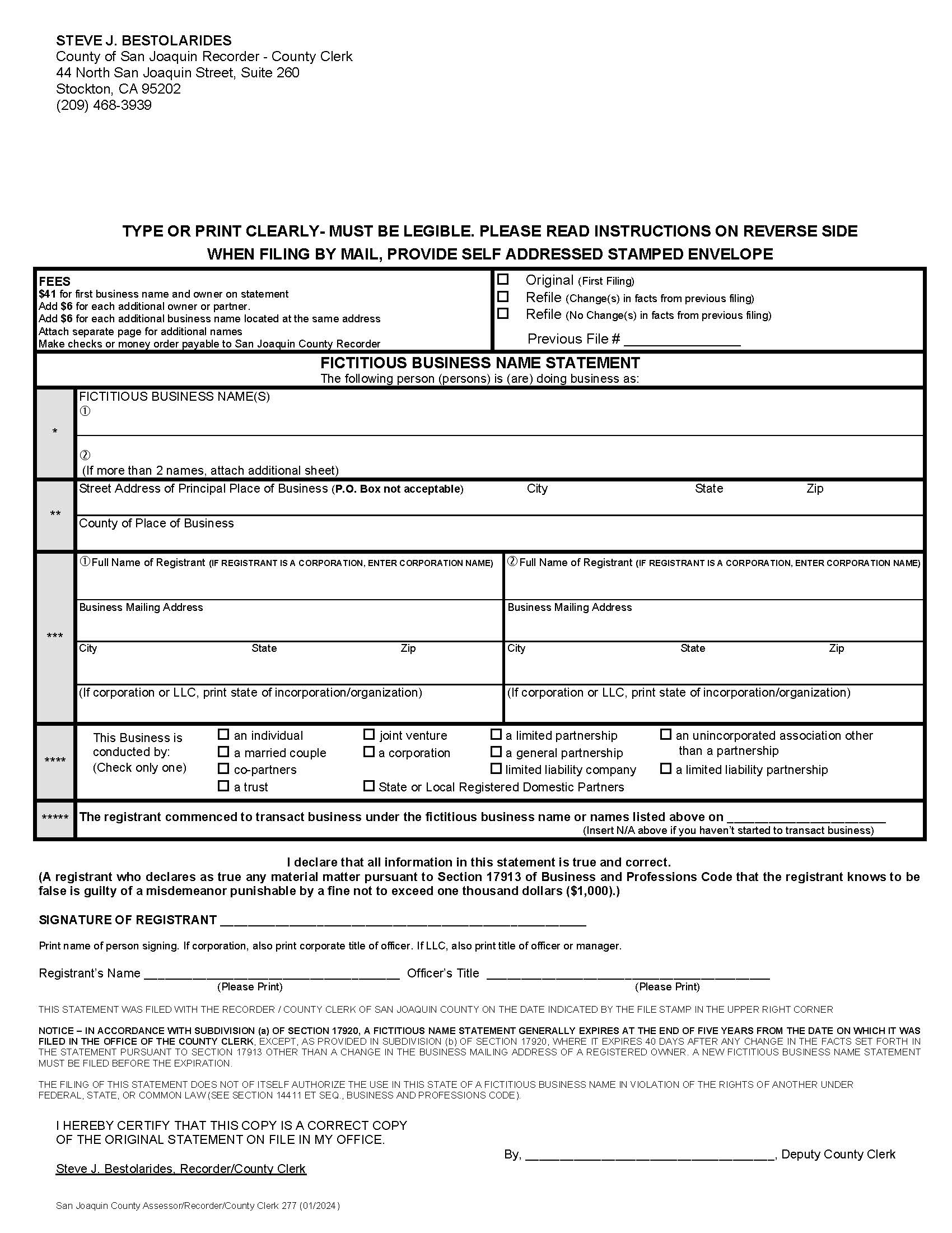 Fictitious Business Name Statement (San Joaquin) {277} | Pdf Fpdf Doc Docx | California
