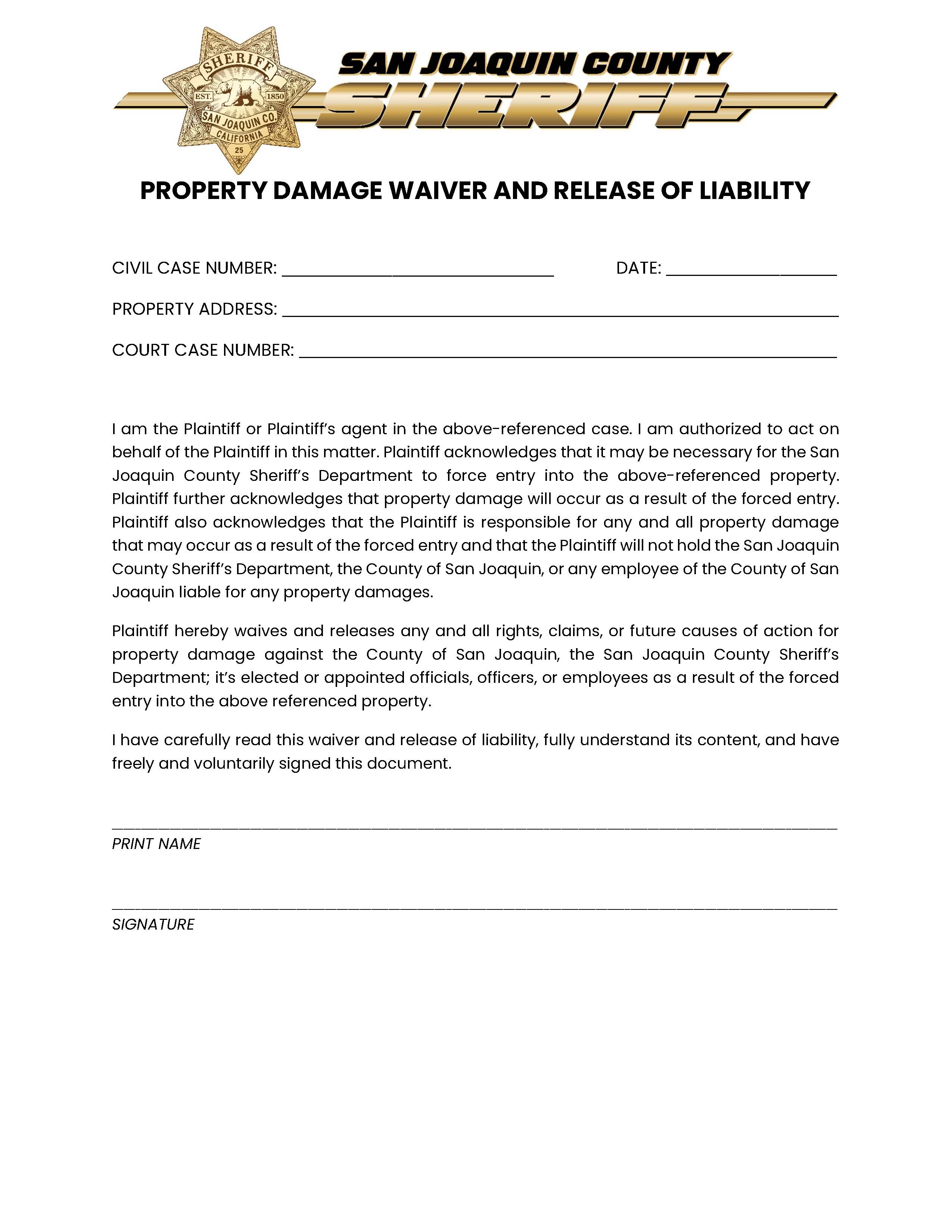Property Damage Waiver And Release Of Liability | Pdf Fpdf Docx | California