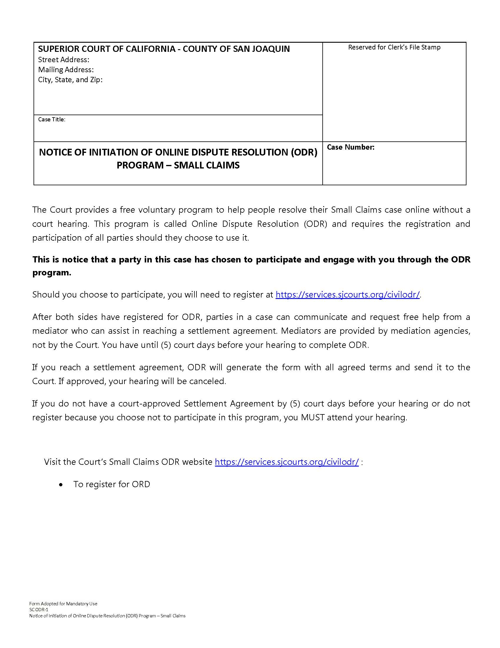 Notice Of Initiation Of Online Dispute Resolution (ODR) Program {SC ODR-1} | Pdf Fpdf Docx | California