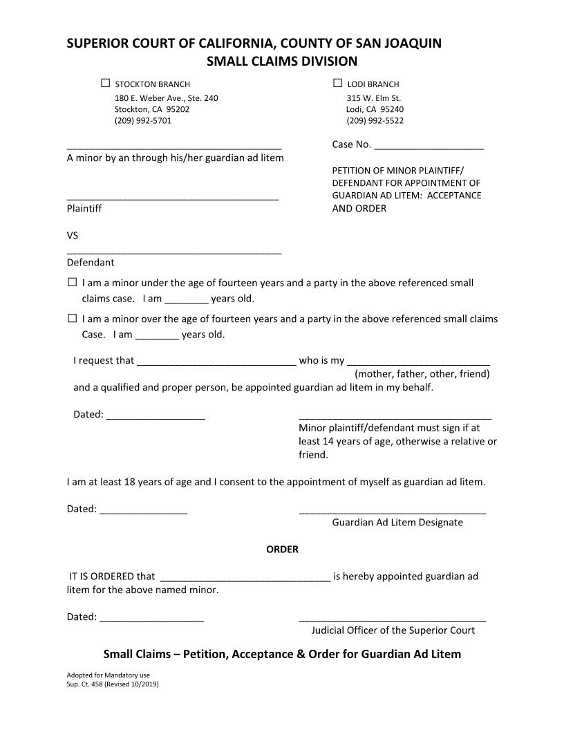 Petition Acceptance And Order For Guardian Ad Litem {Sup. Ct. 458} | Pdf Fpdf Doc Docx | California