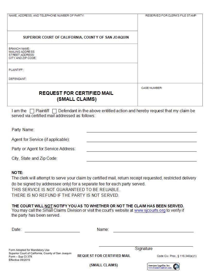 Request For Certified Mail (Small Claims) {378} | Pdf Fpdf Docx | California