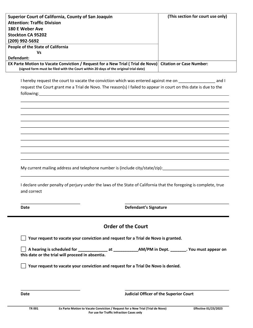 Ex Parte Motion To Vacate Conviction (For Use For Traffic Infraction Cases) {TR 001} | Pdf Fpdf Docx | California