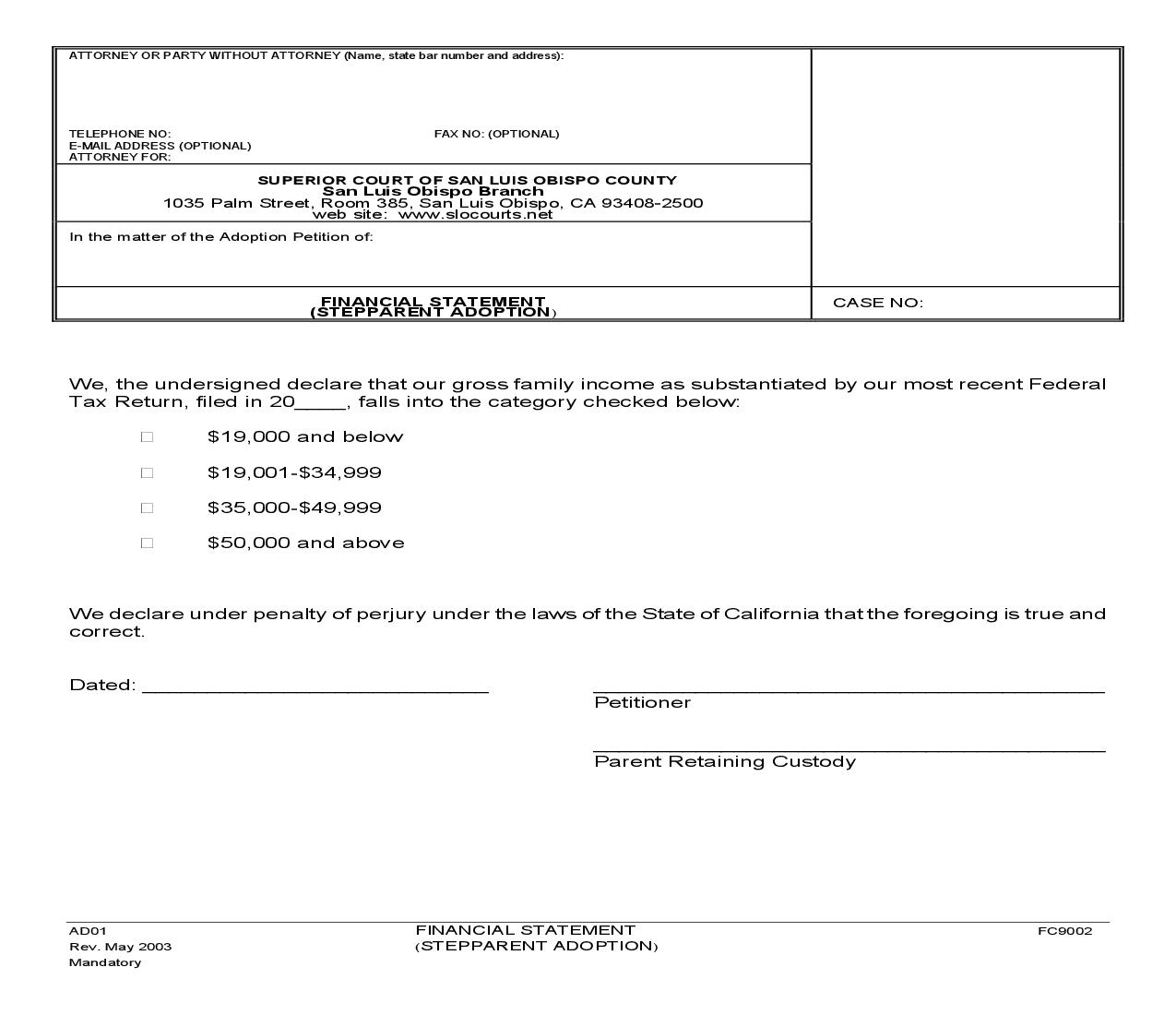 Financial Statement Stepparent Adoption {AD01} | Pdf Fpdf Doc Docx | California