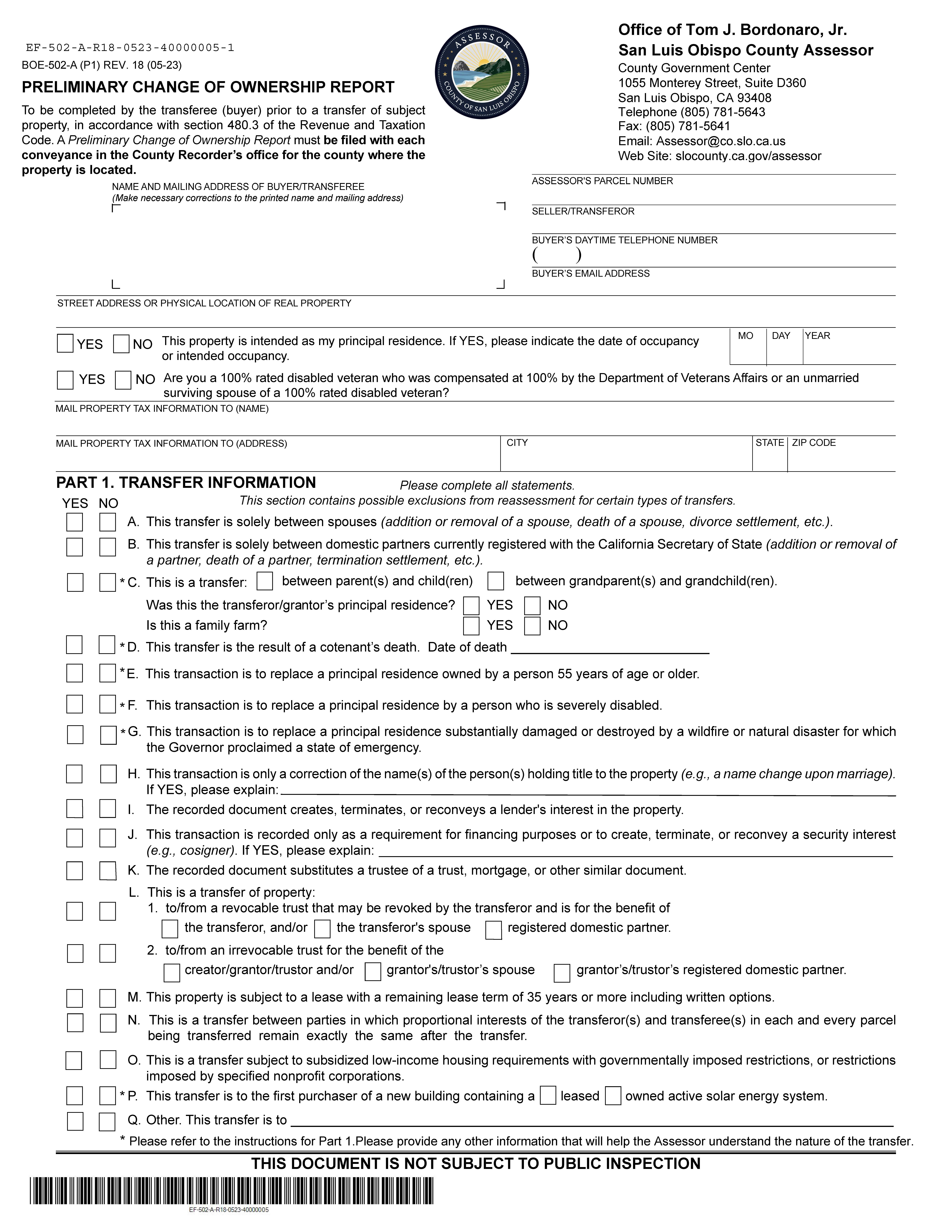 Preliminary Change Of Ownership Report (San Luis Obispo) {BOE-502-A} | Pdf Fpdf Docx | California