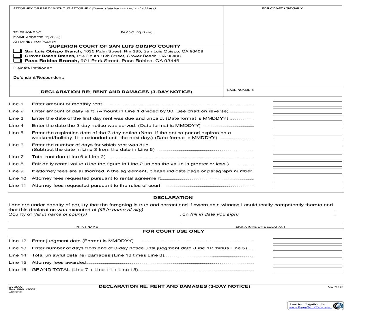 Declaration Re Rent And Damages (3 Day Notice) {CVUD07} | Pdf Fpdf Doc Docx | California