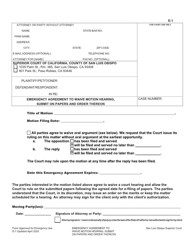 Emergency Agreement To Waive Motion Hearing Submit On Papers {E-1} | Pdf Fpdf Docx | California