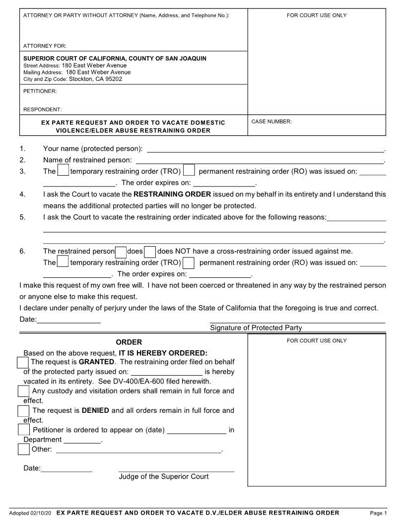 Ex Parte Request And Order To Vacate Domestic Violence-Elder Abuse Restraining Order | Pdf Fpdf Docx | California
