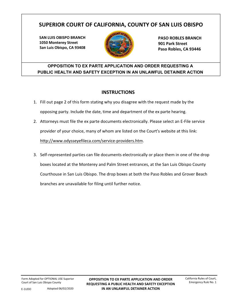 Opposition To Unlawful Detainer Ex Parte Request Regarding Health And Safety {E-1UDO} | Pdf Fpdf Docx | California