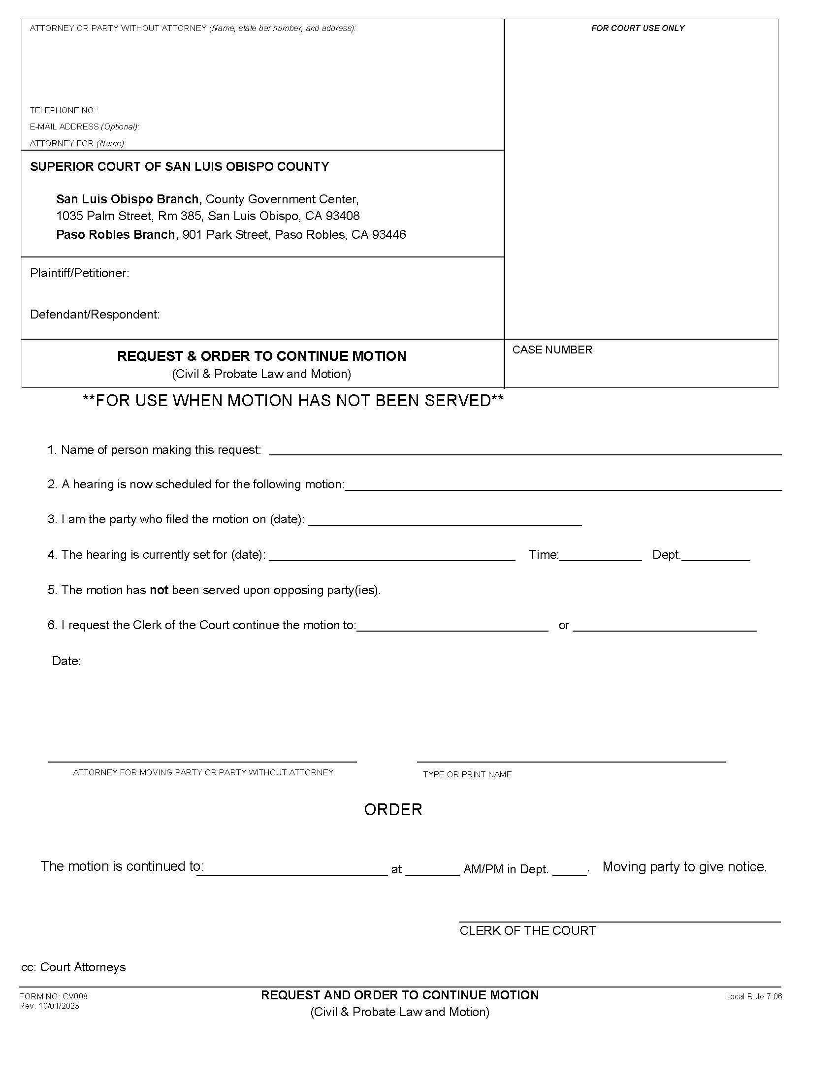 Request And Order To Continue Motion {CV008} | Pdf Fpdf Docx | California