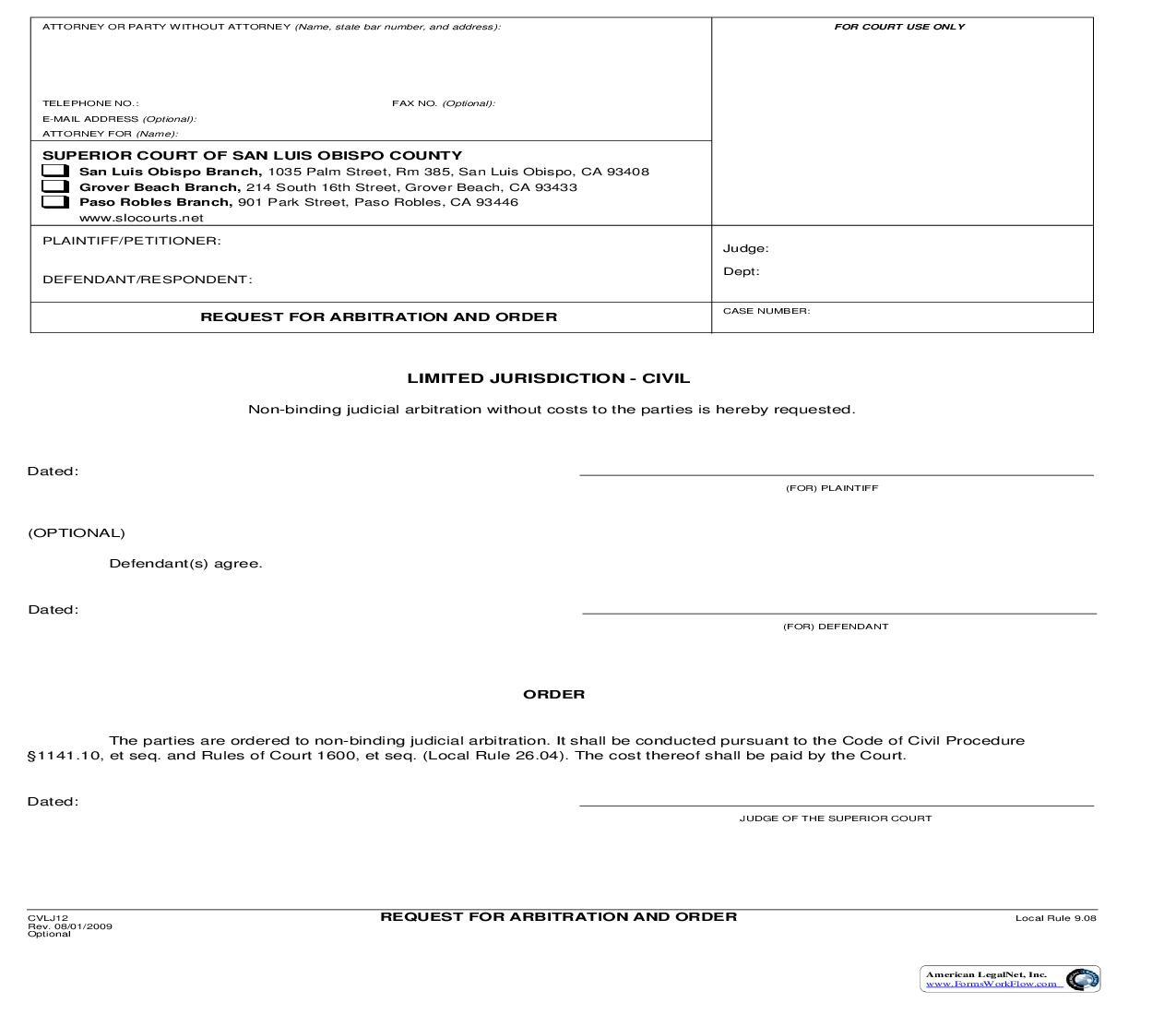 Request For Arbitration And Order {CVLJ12} | Pdf Fpdf Doc Docx | California