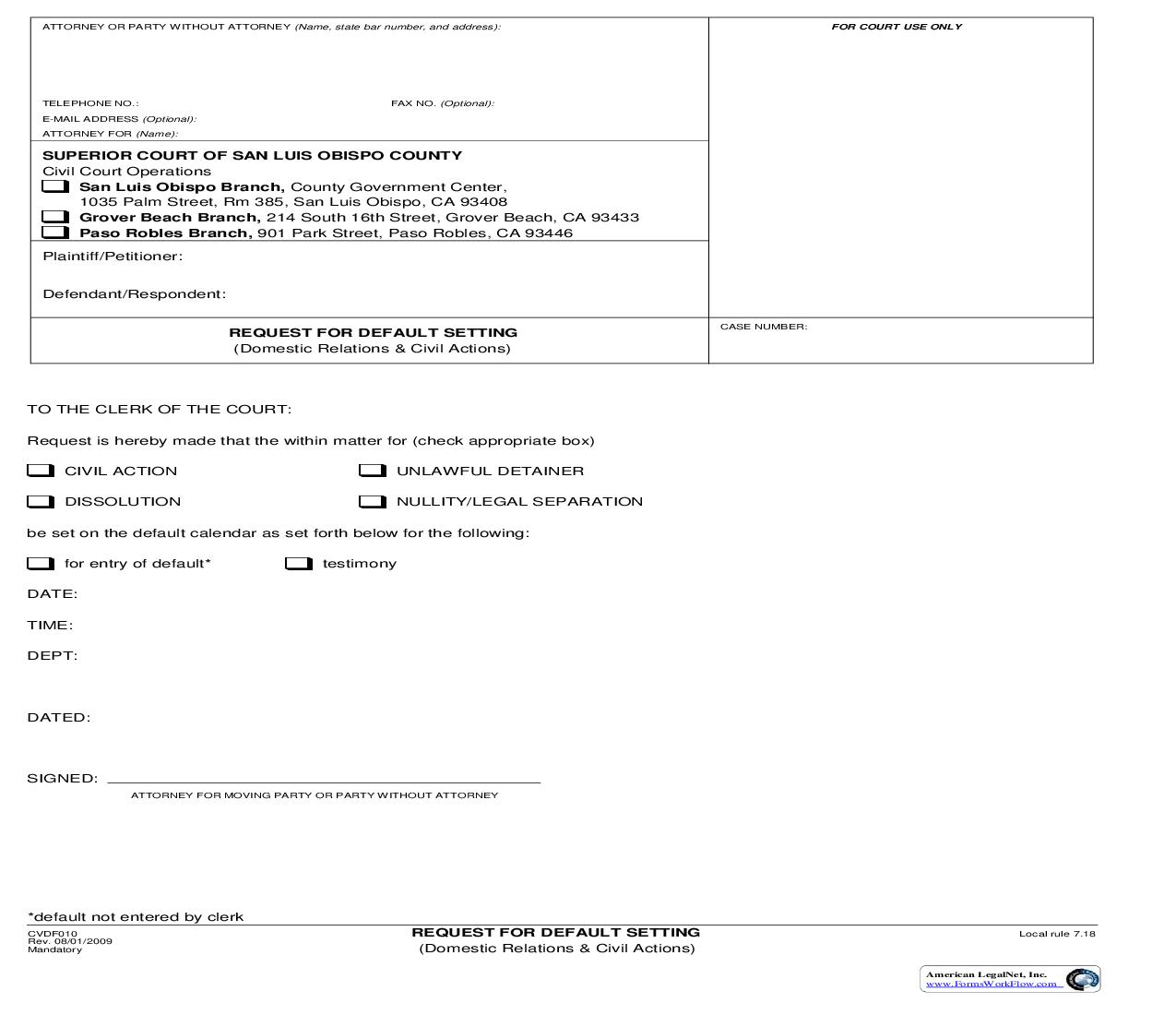 Request For Default Setting (Domestic Relations And Civil Actions) {CVDF010} | Pdf Fpdf Doc Docx | California