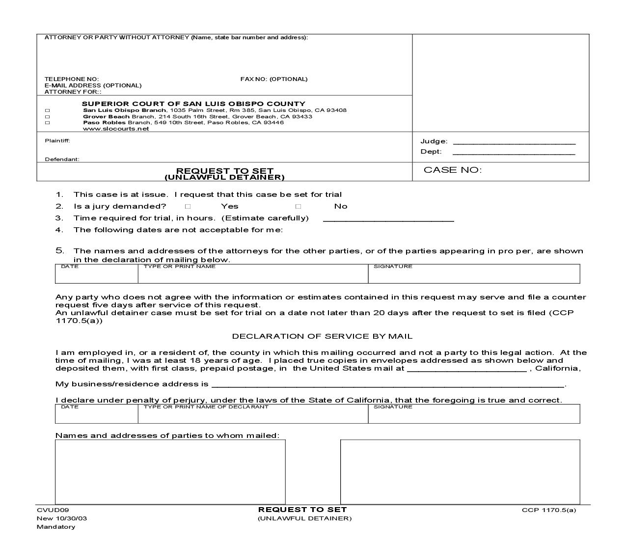 Request To Set (Unlawul Detainer) {CVUD09} | Pdf Fpdf Doc Docx | California