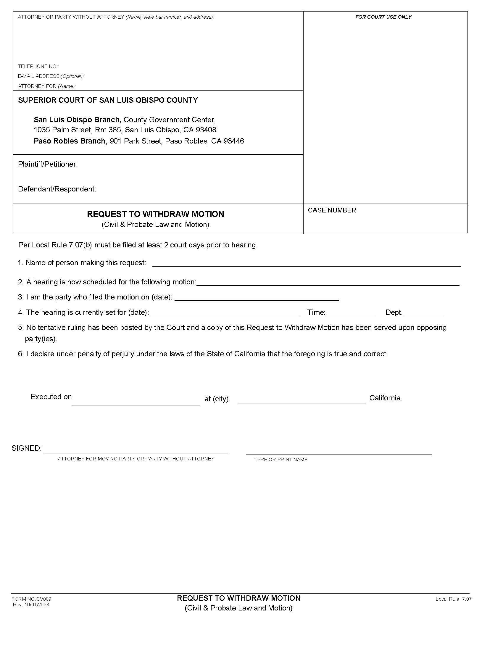 Request To Withdraw Motion {CV009} | Pdf Fpdf Docx | California
