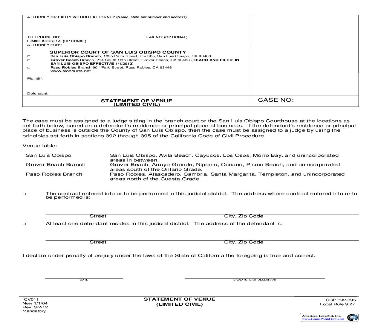 Statement Of Venue (Limited Civil) {CV011} | Pdf Fpdf Doc Docx | California