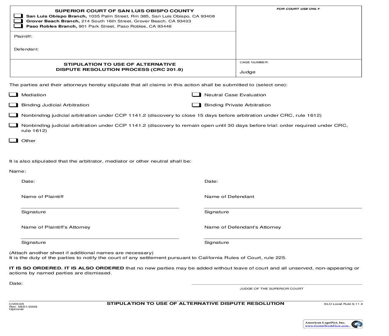 Stipulation To Use Of Alternative Dispute Resolution Process (CRC 201.9) {CVDC05} | Pdf Fpdf Doc Docx | California