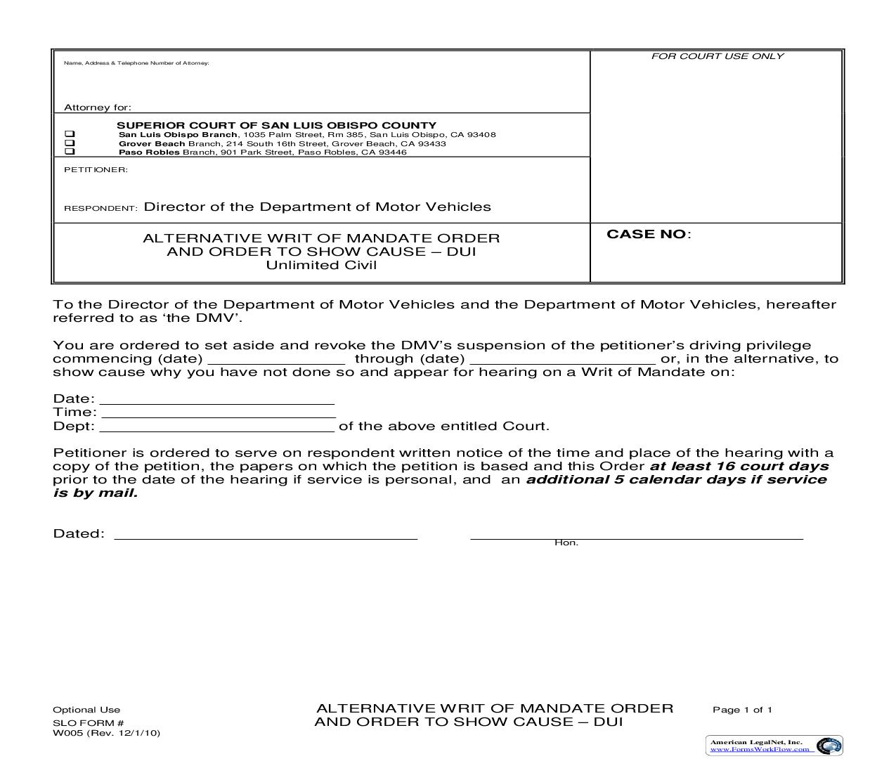 Alternative Writ Of Mandate Order And Order To Show Cause-DUI {W005} | Pdf Fpdf Doc Docx | California