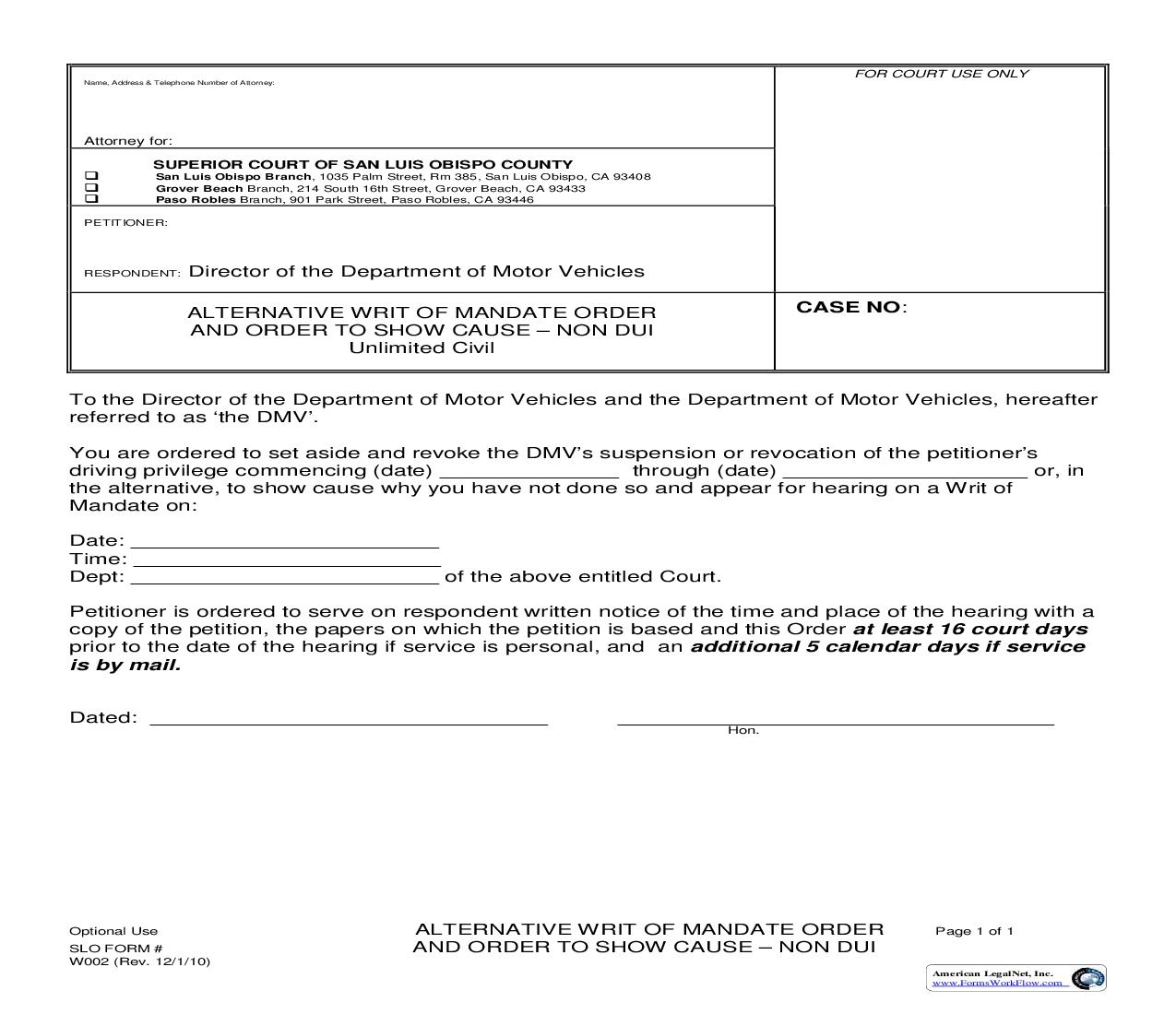 Alternative Writ Of Mandate Order And Order To Show Cause-Non DUI {W002} | Pdf Fpdf Doc Docx | California