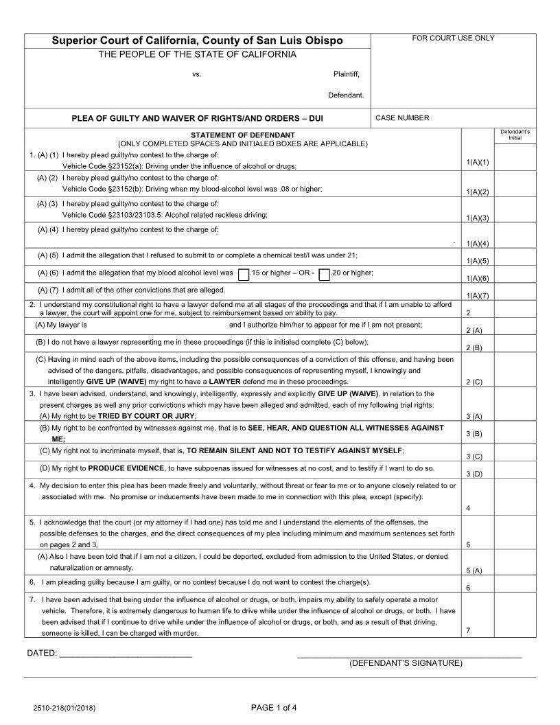 DUI Waiver Of Rights (Plea Of Guilty And Waiver) {2510-218} | Pdf Fpdf Docx | California