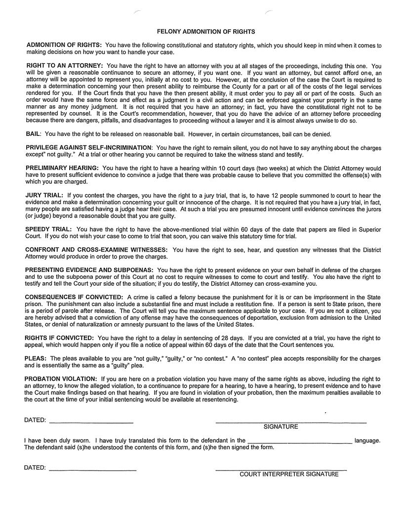 Felony Admonition Of Rights Form | Pdf Fpdf Docx | California