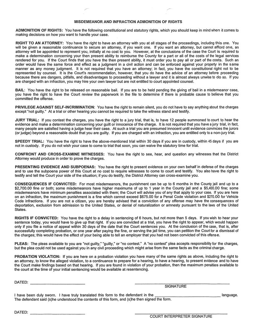 Misdemeanor And Infraction Admonition Of Rights Form | Pdf Fpdf Docx | California