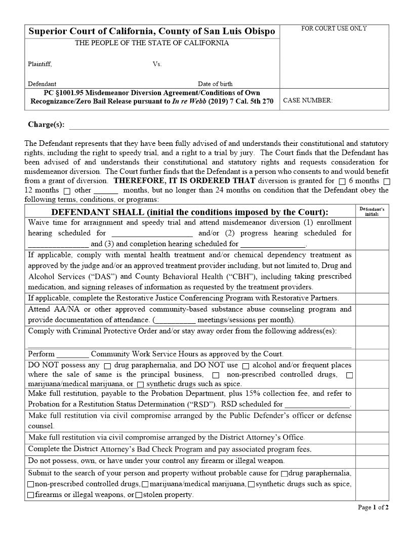 Misdemeanor Diversion Agreement | Pdf Fpdf Docx | California