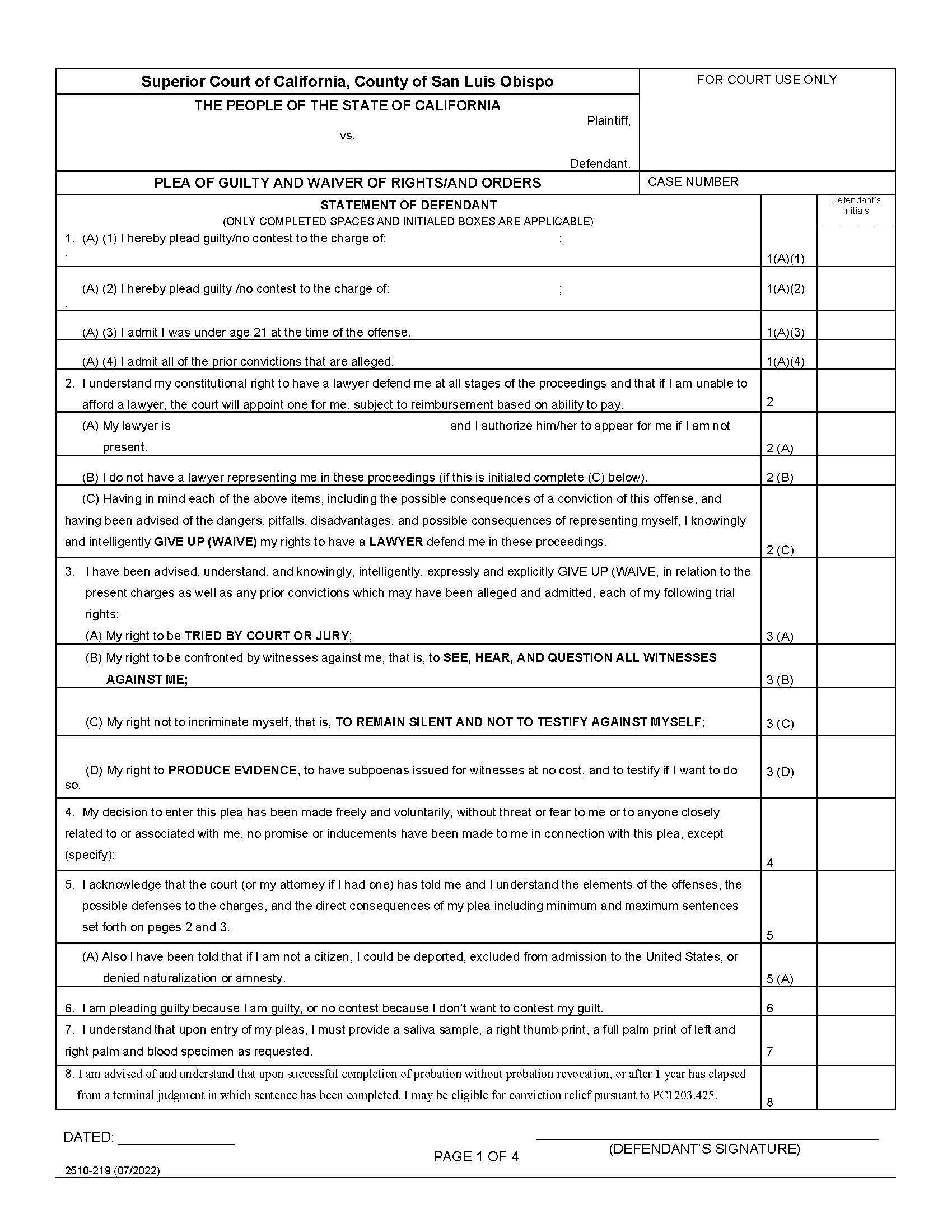 Misdemeanor Waiver Of Rights (Plea Of Guilty And Waiver) {2510-219} | Pdf Fpdf Docx | California