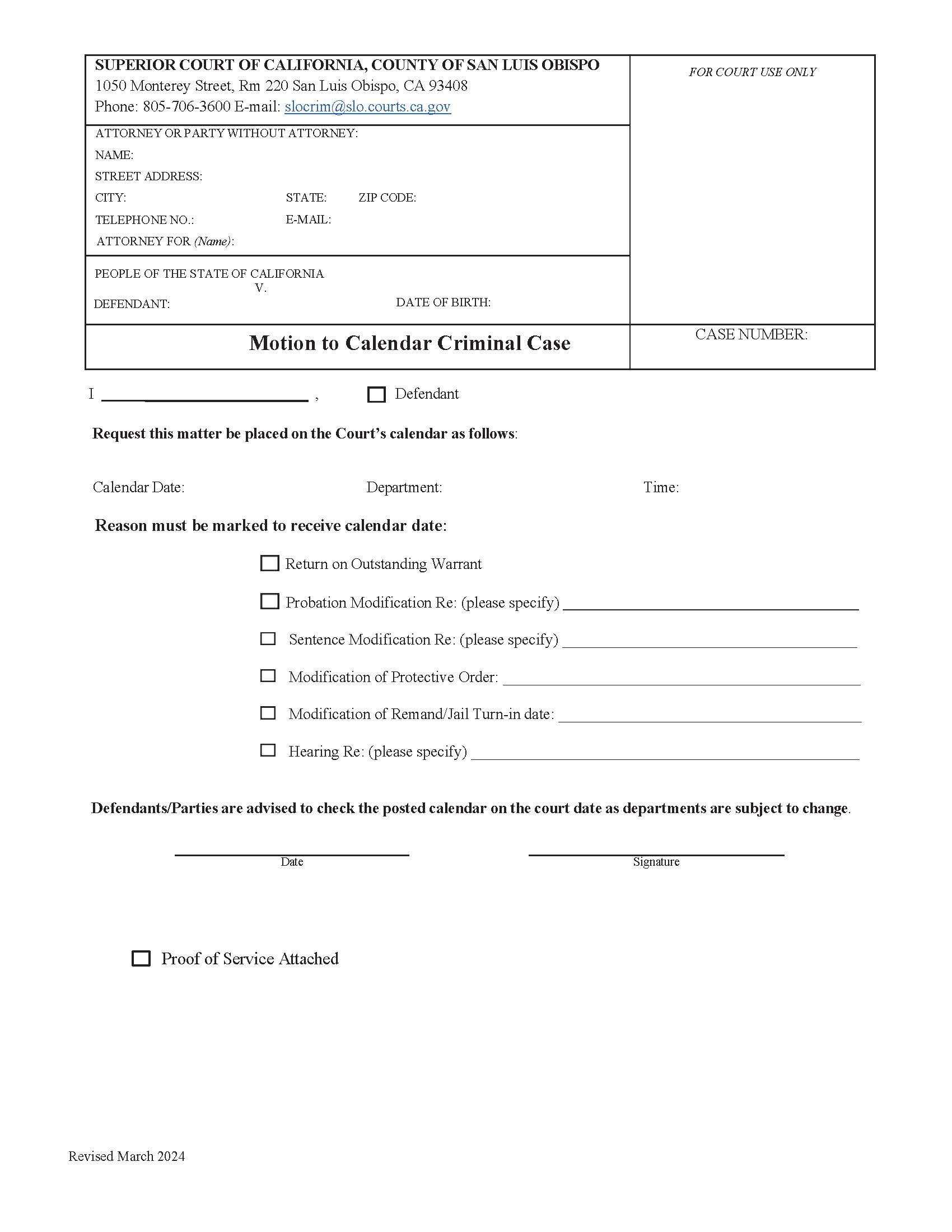 Motion To Calendar Criminal Case And POS | Pdf Fpdf Docx | California