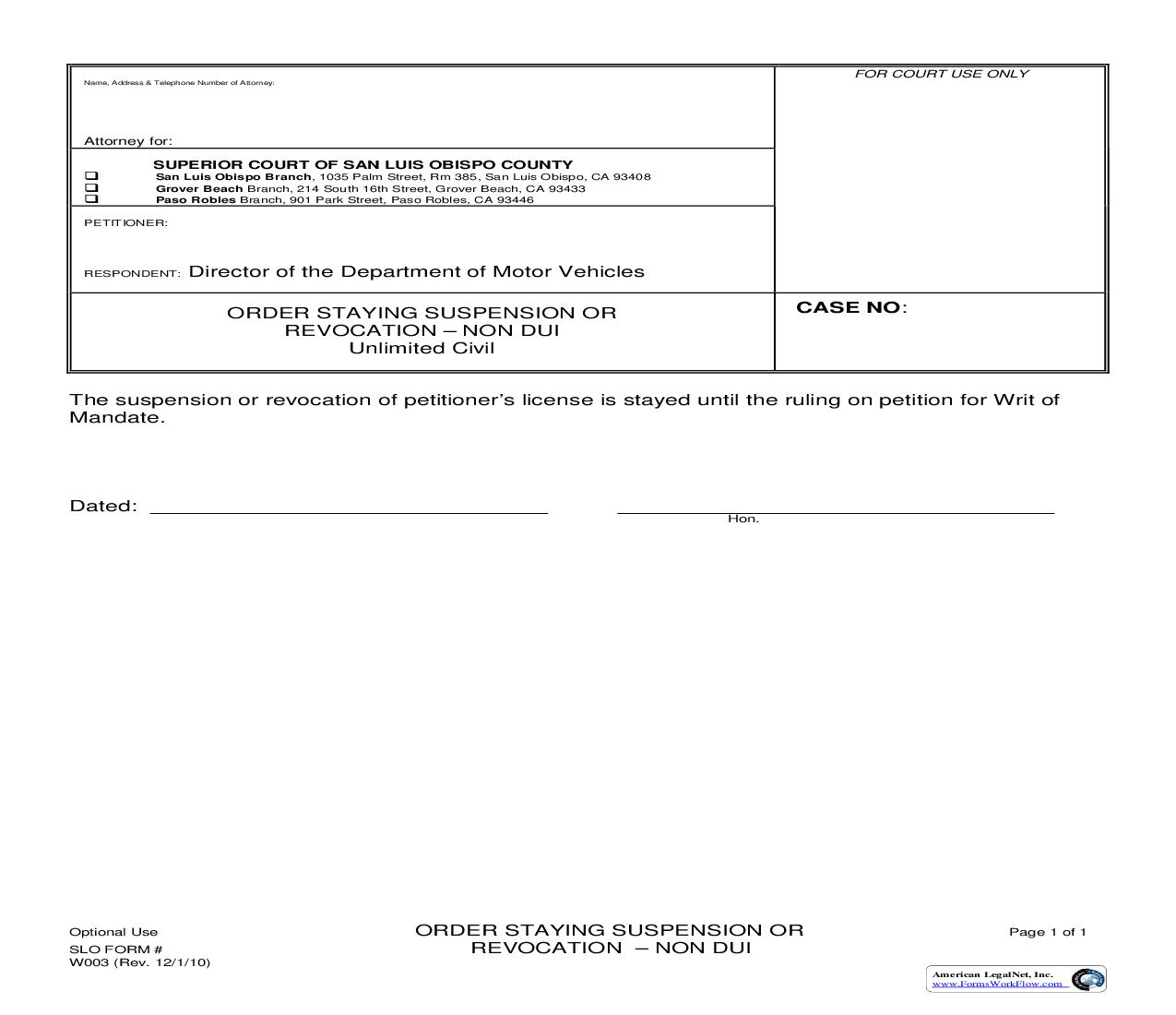 Order Staying Suspension Or Revocation-Non DUI {W003} | Pdf Fpdf Doc Docx | California