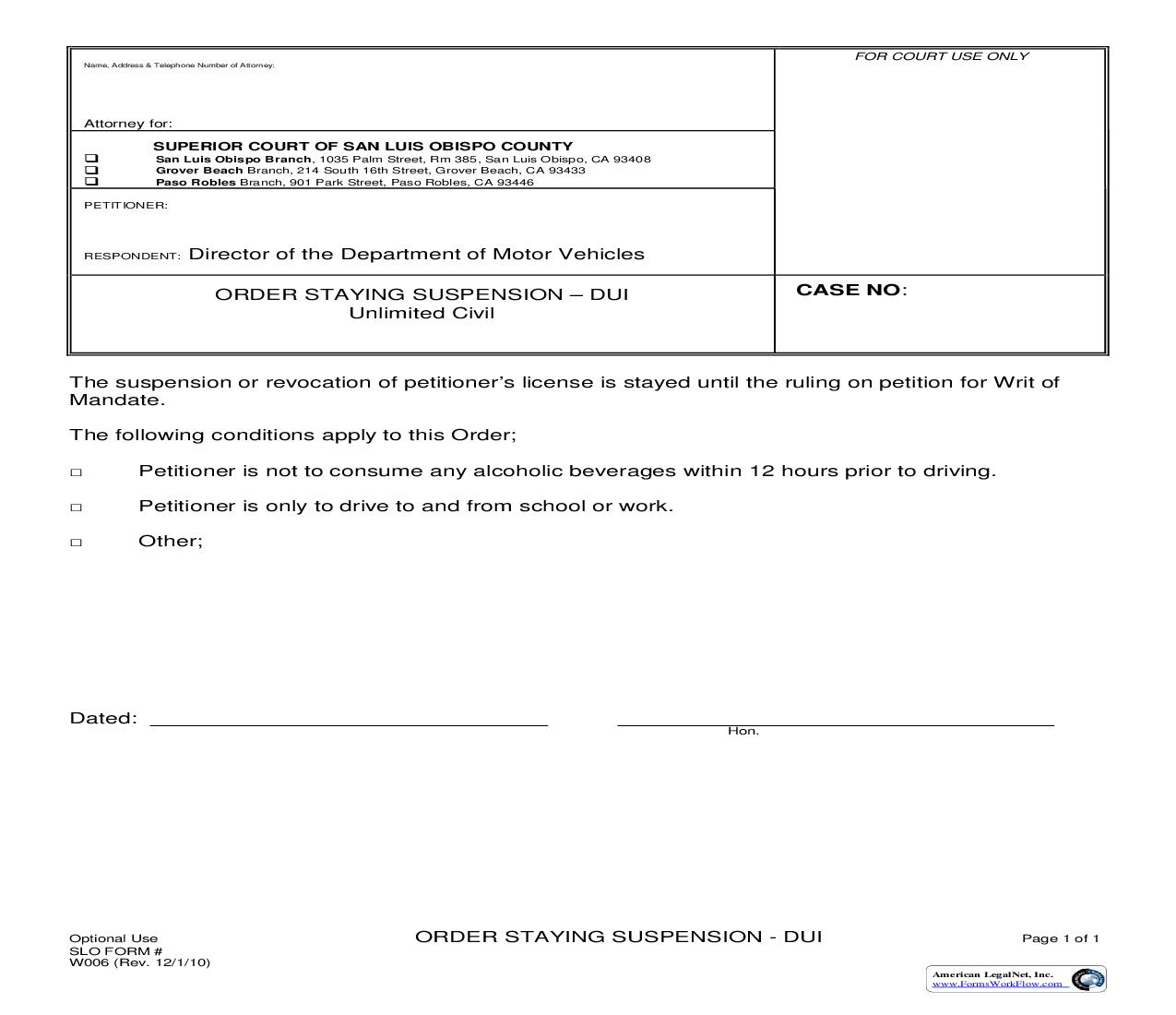 Order Staying Suspension-DUI {W006} | Pdf Fpdf Doc Docx | California